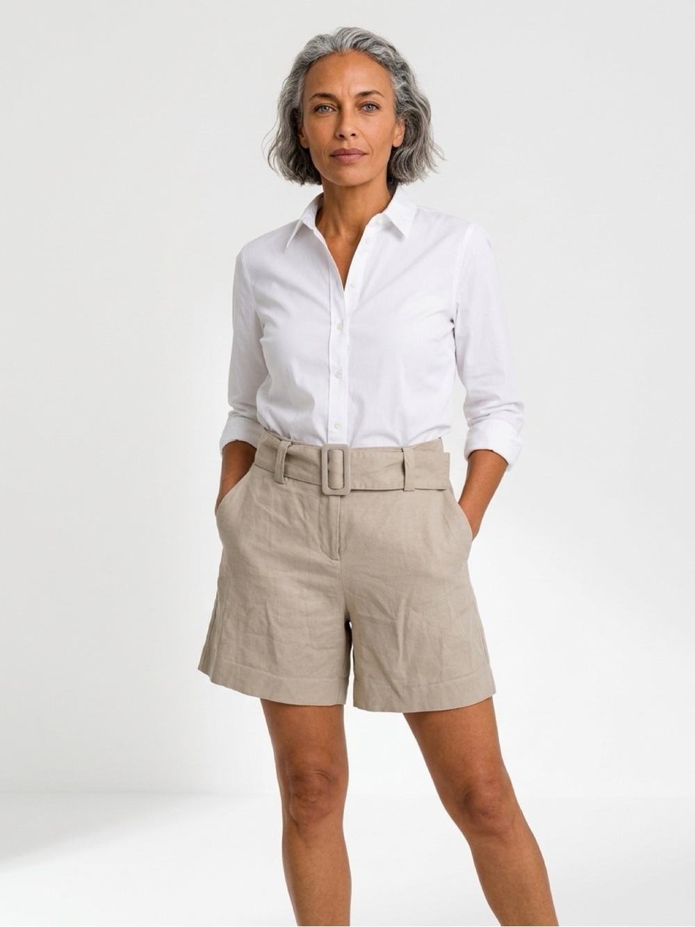 Reiss Belted Linen-Blend Shorts in Taupe